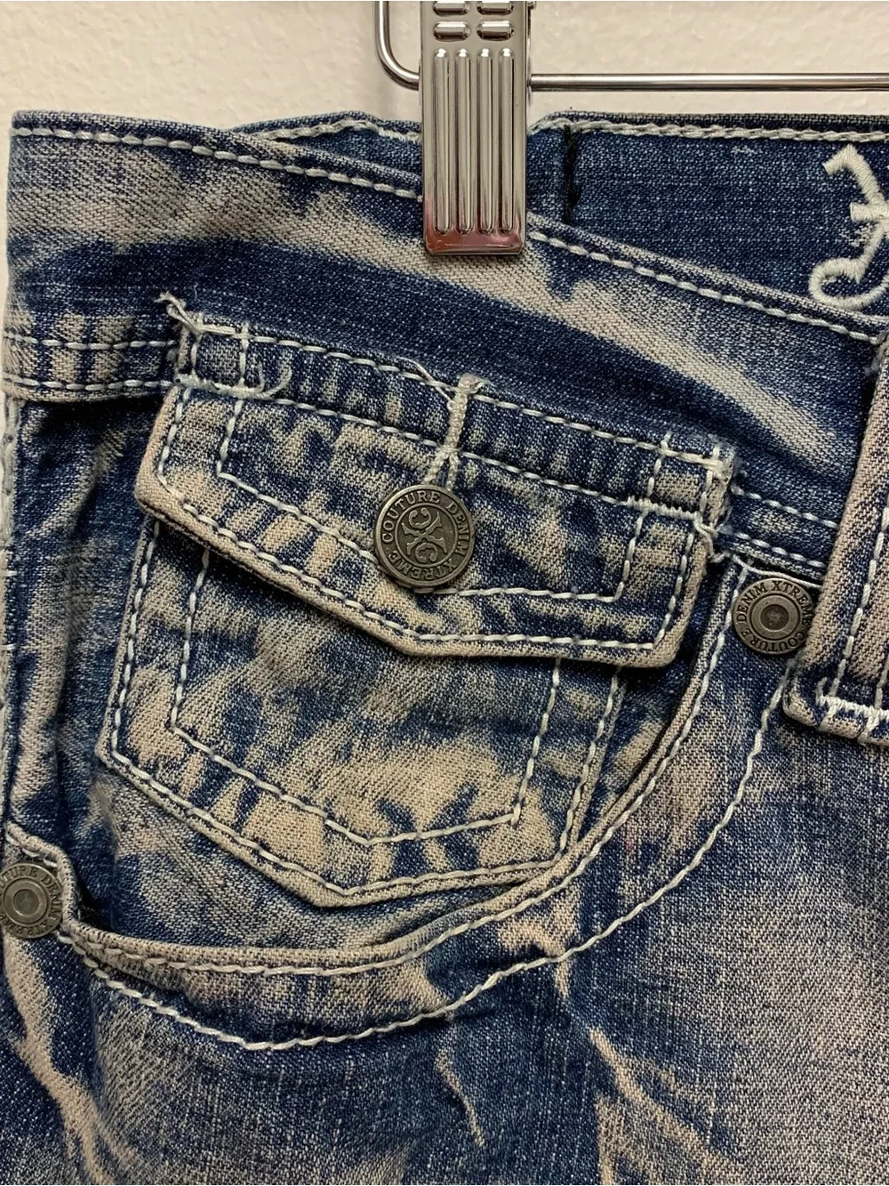 Xtreme Couture Leather Cross Straight Jeans 34 x 27 Y2K Distressed Vtg *Hemmed